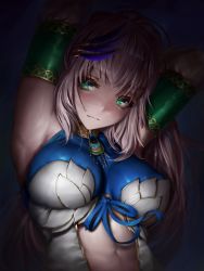 Rule 34 | 1girl, absurdres, armpits, arms up, blue ribbon, blush, breasts, closed mouth, clothing cutout, detached sleeves, dress, green eyes, hair ornament, highres, hololive, hololive indonesia, large breasts, long hair, looking at viewer, numanoan, pavolia reine, pink hair, ribbon, sleeveless, sleeveless dress, solo, stomach cutout, upper body, virtual youtuber