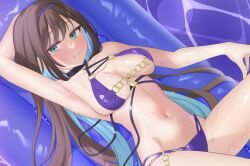 Rule 34 | 1girl, :q, aqua eyes, arm behind head, arm up, armpits, assault lily, bare arms, bare shoulders, bikini, black choker, blue hair, breasts, brown hair, choker, closed mouth, colored inner hair, commentary request, cowboy shot, criss-cross halter, hair spread out, hairband, halterneck, hand on own thigh, highres, inflatable raft, ishizuka fujino, light smile, long hair, looking at viewer, lying, medium breasts, multi-strapped bikini bottom, multicolored hair, navel, o-ring, o-ring bikini, o-ring top, official alternate costume, on back, purple bikini, purple hairband, saetusum, solo, stomach, swimsuit, tongue, tongue out, two-tone hair, very long hair, water, wet