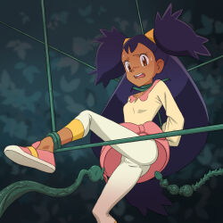 Rule 34 | 1girl, arm behind back, blush, brown eyes, collarbone, commentary request, creatures (company), dark-skinned female, dark skin, eyelashes, frown, game freak, highres, iris (pokemon), leg up, leggings, long hair, looking down, miraa (chikurin), nintendo, open mouth, pink footwear, pink skirt, plant, pokemon, pokemon bw, purple hair, raised eyebrows, restrained, shirt, shoe soles, shoes, skirt, sweat, teeth, tentacles, tongue, two side up, upper teeth only, vines, yellow shirt