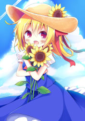 Rule 34 | 1girl, :d, alternate costume, blonde hair, blue sky, carrying, casual, cloud, cloudy sky, day, esureki, flower, hat, highres, looking at viewer, open mouth, red eyes, rumia, sky, smile, solo, straw hat, sunflower, touhou