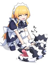 Rule 34 | 1girl, :d, ^ ^, apron, black bow, black bowtie, black dress, black footwear, blonde hair, blush stickers, bow, bowtie, character request, closed eyes, copyright request, creatures (company), dress, fangs, full body, galarian form, galarian zigzagoon, game freak, gen 8 pokemon, happy, highres, long hair, maid, maid apron, maid headdress, mary janes, motion lines, nintendo, open mouth, pantyhose, pokemon, pokemon (creature), puffy short sleeves, puffy sleeves, sharp teeth, shoes, short sleeves, simple background, smile, sound effects, squatting, teeth, tickling, tickling stomach, tongue, tongue out, upper teeth only, very long hair, white apron, white background, white pantyhose, wrist cuffs, yachima tana