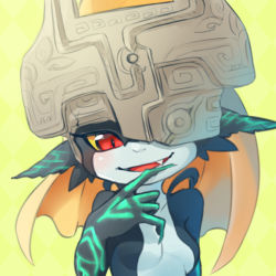 Rule 34 | 1girl, blonde hair, blush, breasts, colored sclera, fangs, helmet, long hair, midna, neon trim, nintendo, one eye covered, open mouth, pointy ears, red eyes, small breasts, smile, solo, the legend of zelda, the legend of zelda: twilight princess, ukata, upper body, yellow background, yellow sclera