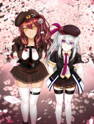 Rule 34 | 2girls, arm behind back, arms behind back, beret, black neckwear, black skirt, blush, buckle, cherry blossoms, closed mouth, collarbone, collared shirt, dated, day, eyes visible through hair, fingerless gloves, girls&#039; frontline, gloves, hair between eyes, hand up, hat, highres, jacket, leaning forward, light particles, long hair, looking at viewer, miniskirt, multiple girls, multiple straps, necktie, open clothes, open jacket, outdoors, petals, pleated skirt, purple neckwear, rin0225225, saiga-12 (girls&#039; frontline), shirt, sidelocks, signature, skindentation, skirt, smile, spring (season), standing, tareme, thigh strap, thighhighs, thighs, usas-12 (girls&#039; frontline), very long hair, white legwear, white shirt