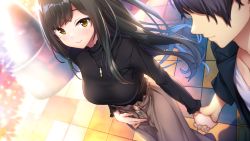 Rule 34 | 1girl, azarashi soft, baffu, black hair, blush, breasts, closed mouth, from above, game cg, happy, holding hands, jewelry, large breasts, legs, long hair, long skirt, looking at another, mole, mole under eye, necklace, outdoors, skirt, smile, standing, susukawa mizore, thighs, tile floor, tiles, tomodachi kara koibito e, turtleneck, walking, yellow eyes