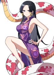 Rule 34 | 1girl, absurdres, animal, black hair, blue eyes, boa hancock, breasts, closed mouth, commentary request, dress, earrings, hand on own hip, highres, hime cut, jewelry, kasuga kaya, korean commentary, leg up, long dress, long hair, one piece, purple dress, salome (one piece), sideboob, simple background, sleeveless, sleeveless dress, snake, snake earrings, white background