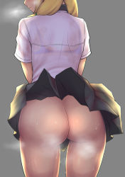 Rule 34 | 10s, 1girl, ass, back, backlighting, blonde hair, bottomless, bra, breath, clothes lift, dagashi kashi, endou saya, facing away, from behind, grey background, hair over shoulder, head out of frame, long hair, looking back, nikuku (kazedesune), no panties, see-through, simple background, skirt, skirt lift, solo, steam, sweat, underwear, wet, wind, wind lift
