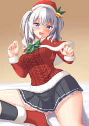 Rule 34 | 1girl, black skirt, blue eyes, blush, breasts, capelet, frilled skirt, frills, fur-trimmed capelet, fur-trimmed headwear, fur trim, hat, kantai collection, kashima (kancolle), large breasts, long sleeves, miniskirt, pleated skirt, red capelet, red hat, red sweater, santa costume, santa hat, sidelocks, silver hair, skirt, solo, sweater, tokyo yamane, twintails, wavy hair