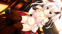 Rule 34 | 1girl, ayame (harukaze sensation!), black thighhighs, blush, bow, bow bra, bow panties, bra, breasts, cleavage, hair ribbon, harukaze sensation!, highres, jpeg artifacts, ko~cha, long hair, long sleeves, looking at viewer, navel, off shoulder, official art, official wallpaper, on table, open mouth, panties, pink bra, pink panties, plaid, plaid skirt, red eyes, ribbon, sitting, skirt, unworn skirt, solo, table, thighhighs, twintails, underwear, wallpaper, white hair