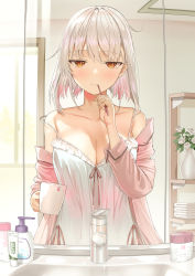 Rule 34 | 1girl, breasts, brown eyes, brushing teeth, cleavage, closed mouth, collarbone, commentary request, cup, faucet, flower, frilled shirt, frills, gradient hair, hand up, highres, holding, holding cup, indoors, jitome, large breasts, layered shirt, long sleeves, looking at mirror, looking at viewer, mirror, multicolored hair, off shoulder, open clothes, open shirt, original, pink hair, pink ribbon, pink shirt, ribbon, shirt, soap dispenser, solo, spaghetti strap, strap slip, takumi11, tearing up, toothbrush, toothpaste, two-tone hair, undershirt, vase, white flower, white hair, white shirt