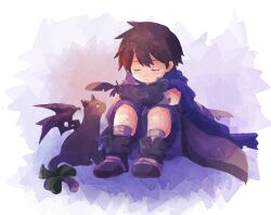 Rule 34 | 1boy, arms on knees, bandaged ankle, bandaged wrist, bandages, bat wings, black cat, black feathers, black gloves, blue background, blue cape, boots, bow, brown hair, cape, cat, closed eyes, ecthel (riviera), feathers, gloves, green bow, green eyes, hashino ami, holding, holding feather, riviera, rose (riviera), sad, short hair, shorts, single feather, sitting, tail, tail bow, tail ornament, tearing up, whiskers, wings