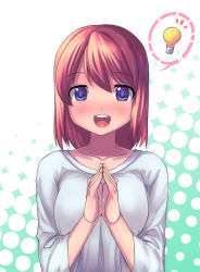 Rule 34 | 1girl, blue eyes, blush, light bulb, looking at viewer, open mouth, original, own hands together, red hair, saiste, short hair, smile, solo