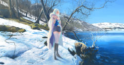 Rule 34 | 1girl, blue hair, boots, breasts, cape, cleavage, day, female focus, forest, fur trim, high heel boots, high heels, highres, lake, long hair, nature, original, outdoors, plant, pleated skirt, scenery, shitub52, skirt, sky, snow, solo, thighhighs, tree, wayne chan, white thighhighs, zettai ryouiki