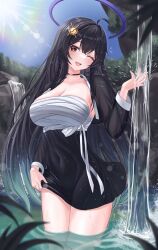 Rule 34 | 1girl, ;d, absurdres, ahoge, bandages, black choker, black hair, black skirt, blue sky, braid, breasts, brown eyes, chest sarashi, choker, cleavage, commentary, commission, covered navel, day, hair ornament, high-waist skirt, highres, large breasts, long hair, long sleeves, looking at viewer, nyanbutter, one eye closed, open clothes, open mouth, original, outdoors, sarashi, skirt, sky, smile, solo, standing, strapless, thighs, tube top, very long hair, wading, water