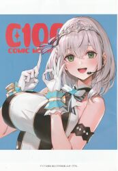 Rule 34 | 1girl, absurdres, bare shoulders, blue background, blush, braid, breasts, gloves, gold trim, green eyes, grey hair, hands up, headset, highres, hololive, hololive idol uniform, jewelry, large breasts, looking at viewer, official alternate costume, open mouth, ribbon, scan, shiny skin, shirogane noel, simple background, sleeveless, smile, solo, teeth, tiara, upper body, upper teeth only, virtual youtuber, watao