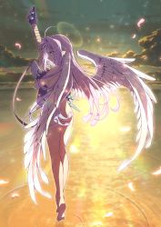 Rule 34 | 1girl, ahoge, ass, barefoot, breasts, cloud, feathered wings, feathers, floating hair, from behind, full body, green eyes, hair intakes, highres, holding, holding instrument, instrument, lens flare, long hair, macross, macross 7, medium breasts, mylene jenius, nude, ocean, pink feathers, pink hair, pointy ears, soles, solo, soukuu kizuna, sunset, very long hair, white wings, wings