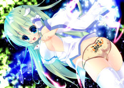 Rule 34 | 1girl, absurdres, ass, back, bad anatomy, blouse, brown panties, bug, butterfly, detached sleeves, dutch angle, english text, engrish text, frog, frog hair ornament, fukuda shuushi, green eyes, green hair, hair ornament, hair tubes, highres, insect, kochiya sanae, long hair, looking at viewer, looking back, matching hair/eyes, no pants, open mouth, panties, print panties, ranguage, shirt, skindentation, smile, snake, snake hair ornament, solo, standing, thighhighs, touhou, underwear, white thighhighs