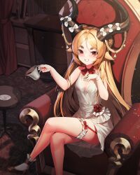 Rule 34 | 1girl, absurdres, armchair, baphomet (echocalypse), bare legs, blonde hair, blush, boots, bow, bowtie, braid, breasts, bridal garter, chair, cleavage, commentary, crossed legs, cup, curled horns, dress, echocalypse, flower, foot out of frame, garter straps, gloves, grin, high heel boots, high heels, highres, holding, holding cup, horn bow, horn ornament, horns, indoors, jewelry, long hair, looking at viewer, mug, red bow, red bowtie, red curtains, red eyes, red flower, ring, single glove, sitting, sleeveless, sleeveless dress, small breasts, smile, solo, sparkle, table, thick eyebrows, unidentified nk, white bow, white dress, white footwear