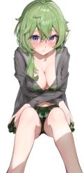 Rule 34 | 1girl, :/, absurdres, bare legs, bikini, bikini under clothes, blush, breasts, cleavage, closed mouth, collei (genshin impact), crossed arms, crossed bangs, feet out of frame, genshin impact, green bikini, green hair, highres, jacket, long sleeves, looking at viewer, medium breasts, medium hair, midriff, open clothes, open jacket, purple eyes, sidelocks, simple background, sitting, solo, swimsuit, thighs, white background, xkirara39x