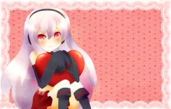 Rule 34 | 1girl, ai kotoba (vocaloid), bare shoulders, blush, detached sleeves, hair between eyes, hands in opposite sleeves, headphones, heart, looking at viewer, name (1775), no nose, red eyes, silver hair, sitting, skirt, sleeves past wrists, solo, sukone tei, utau, vocaloid