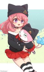 Rule 34 | 2girls, :3, :d, animal, animal hat, blush, blush stickers, cat hat, choker, closed eyes, clothed animal, cosplay, hat, hat ornament, holding, holding animal, long hair, long sleeves, looking at another, miharu (youkai watch), miharu (youkai watch) (cosplay), multiple girls, off-shoulder shirt, off shoulder, open mouth, pink hair, pleated skirt, purple hair, ribbon, sailornyan, shirt, skirt, smile, striped clothes, striped thighhighs, tabana, thighhighs, traditional youkai, youkai watch, youkai watch jam: youkai gakuen y