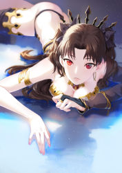 Rule 34 | 1girl, ass, asymmetrical sleeves, bad id, bad pixiv id, black hair, blurry, breasts, cleavage, depth of field, earrings, elbow gloves, fate/grand order, fate (series), furururu, gloves, highres, hoop earrings, ishtar (fate), ishtar (fate), jewelry, long hair, looking at viewer, lying, on stomach, parted lips, red eyes, single elbow glove, single thighhigh, solo, thighhighs, tohsaka rin, uneven sleeves