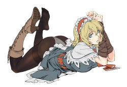 Rule 34 | 1girl, alice margatroid, ass, black pantyhose, blonde hair, blue dress, blue eyes, boots, clothes lift, cross-laced footwear, dress, dress lift, feet, feet up, from side, hair between eyes, headdress, high heel boots, high heels, highres, lace-up boots, looking at viewer, lying, medium hair, on stomach, panties, panties under pantyhose, pantyhose, parted lips, ruukii drift, shoes, simple background, single shoe, soles, solo, the pose, toes, touhou, underwear, white background