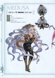 Rule 34 | 1girl, absurdres, ass, bare shoulders, bodysuit, character name, from side, full body, gloves, granblue fantasy, hair ornament, hands on own hips, highres, long hair, looking back, medusa (shingeki no bahamut), minaba hideo, multiple views, official art, pointy ears, red eyes, scan, shingeki no bahamut, simple background, skin tight, standing, tail, very long hair, white hair