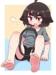 Rule 34 | 1girl, ahoge, arm support, barefoot, black hair, black shorts, collarbone, commentary, exercising, flat chest, grey shirt, hair between eyes, heavy breathing, highres, medium hair, naga u, on floor, open mouth, original, red eyes, ring-con, shirt, shorts, simple background, sitting, solo, steam, sweat, thick eyebrows