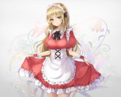 Rule 34 | 1girl, apron, black bow, black bowtie, blonde hair, bow, bowtie, breasts, closed mouth, collar, collared dress, dress, floral background, flower, gradient background, grey background, hair between eyes, long hair, looking at viewer, maid, maid headdress, medium breasts, puffy short sleeves, puffy sleeves, red dress, red sleeves, shironeko yuuki, short sleeves, smile, solo, standing, touhou, touhou (pc-98), white apron, white background, wrist cuffs, yellow eyes, yumeko (touhou)