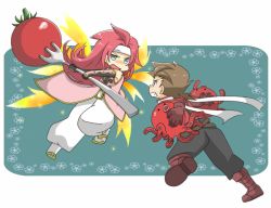 Rule 34 | 00s, 1boy, 1girl, angry, battle, boots, brown hair, chibi, coat, fighting, fork, full body, gloves, green eyes, headband, knee boots, lloyd irving, long hair, octopus, pants, red hair, red shirt, shirt, tales of (series), tales of symphonia, tomato, wings, yakigyouza, zelos wilder