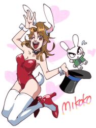 Rule 34 | 1girl, :x, alternate costume, animal ears, black hat, breasts, brown eyes, brown hair, character name, cleavage, commentary request, fake animal ears, fake tail, from hat trick, full body, hat, heart, hei88, high heels, holding, holding clothes, holding hat, itou kaiji, jumping, kaiji, leotard, long hair, looking at viewer, medium bangs, medium breasts, one eye closed, open mouth, playboy bunny, rabbit, rabbit ears, rabbit tail, red footwear, red leotard, sakazaki mikoko, simple background, smile, solo, strapless, strapless leotard, tail, teeth, thighhighs, top hat, upper teeth only, white background, white thighhighs, ||/