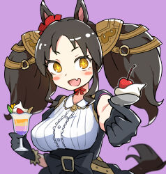 Rule 34 | + +, 1girl, :d, animal ears, black gloves, black hair, breasts, drill hair, drill sidelocks, fang, food, gloves, hair ornament, hair scrunchie, highres, holding, holding food, holding spoon, horse ears, horse girl, horse tail, ice cream, large breasts, long hair, looking at viewer, marvelous sunday (umamusume), ooishi oil, open mouth, orange eyes, purple background, red scrunchie, scrunchie, shirt, sidelocks, simple background, skin fang, smile, solo, spoon, sundae, tail, twintails, umamusume, white shirt