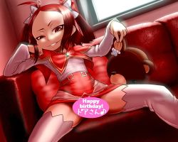 Rule 34 | 1girl, boro, brown hair, censored, dutch angle, flat chest, forehead, grin, happy birthday, naughty face, red eyes, red hair, red theme, rommy, rommy (tales), smile, solo, spread legs, tales of (series), tales of the tempest, thighhighs, two side up
