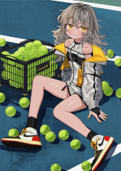 Rule 34 | 1girl, absurdres, ball, bare shoulders, black socks, blush, breasts, bridal gauntlets, closed mouth, dot nose, fingernails, grey hair, hair between eyes, hair intakes, highres, jacket, long hair, long sleeves, looking at viewer, luicent, nail polish, open clothes, open jacket, original, shoes, sitting, small breasts, socks, solo, tennis ball, yellow eyes, yellow nails