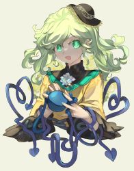 Rule 34 | 1girl, :d, black hat, blouse, blue shirt, chamaruk, character name, commentary, eyebrows hidden by hair, fingernails, floating hair, flower, frilled sleeves, frills, green eyes, green hair, green nails, grey background, hat, heart, heart of string, highres, holding, komeiji koishi, long hair, long sleeves, nail polish, open mouth, shirt, simple background, smile, solo, third eye, touhou, upper body, white flower, wide sleeves, yellow shirt