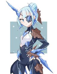Rule 34 | 1girl, armor, blue eyes, blue hair, breasts, chobi0521, eyepatch, highres, horns, long hair, looking at viewer, pauldrons, short hair, shoulder armor, simple background, single horn, solo, theory (xenoblade), xenoblade chronicles (series), xenoblade chronicles 2
