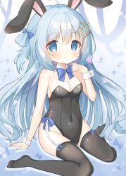 Rule 34 | 1girl, absurdres, ahoge, animal ears, bare shoulders, black leotard, black thighhighs, blue bow, blue bowtie, blue eyes, blue hair, blush, bow, bowtie, breasts, cleavage, closed mouth, covered navel, detached collar, fake animal ears, full body, hair between eyes, hair bow, hair ornament, highres, large breasts, leotard, long hair, looking at viewer, mashiroyuki (vtuber), mimikkyu (mimikyunosub), oppai loli, playboy bunny, rabbit ears, sitting, solo, strapless, strapless leotard, thighhighs, thighs, very long hair, virtual youtuber, white wrist cuffs, wrist cuffs