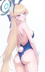 Rule 34 | 1girl, absurdres, animal ears, ass, backless leotard, bare shoulders, blonde hair, blue archive, blue bow, blue eyes, blue hairband, blue leotard, bow, bowtie, braid, breasts, closed mouth, cowboy shot, detached collar, earpiece, earrings, fake animal ears, from behind, hairband, highleg, highleg leotard, highres, jewelry, leotard, long hair, looking at viewer, looking back, medium breasts, official alternate costume, official alternate hairstyle, playboy bunny, rabbit ears, rabbit tail, ryokuchabushi, simple background, solo, stud earrings, tail, thighhighs, thighs, toki (blue archive), toki (bunny) (blue archive), very long hair, white background, white thighhighs, wrist cuffs