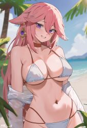 Rule 34 | 1girl, absurdres, animal ears, bare shoulders, bikini, blurry, blurry background, blush, breasts, choker, coconut, collarbone, day, fox ears, fox girl, genshin impact, grin, hair between eyes, hair ornament, highres, large breasts, long hair, long sleeves, looking at viewer, navel, nvl, off shoulder, outdoors, palm tree, parted lips, pink hair, purple eyes, red choker, shirt, smile, solo, stomach, swimsuit, teeth, tree, twitter username, underboob, water, white bikini, white shirt, yae miko