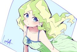 Rule 34 | 1girl, bare shoulders, blue eyes, blush, breasts, cleavage, diana cavendish, dress, eyes visible through hair, green dress, hys-d, light green hair, little witch academia, medium breasts, multicolored hair, sleeveless, sleeveless dress, solo, two-tone hair, upper body