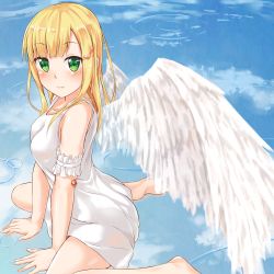 Rule 34 | 1girl, angel wings, arm garter, bad id, bad pixiv id, bare shoulders, barefoot, blonde hair, blush, cloud, collarbone, day, dress, fortissimo, gem, green eyes, hair ornament, hands on ground, kumatsugawa, looking at viewer, musical note, musical note hair ornament, original, red gemstone, reflection, ripples, short hair, sitting, sitting on water, smile, solo, wariza, white dress, wings