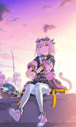 Rule 34 | 1girl, absurdres, animal ears, arknights, black hairband, blue bow, bow, bracelet, braid, cat ears, cat girl, cat tail, choker, cloud, cloudy sky, electricity, goldenglow (arknights), haimura kiyotaka, hair bow, hairband, highres, jacket, jewelry, lightning bolt print, long sleeves, one eye closed, outdoors, pink hair, sitting, sky, solo, tail, thighhighs, yellow eyes