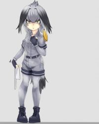 Rule 34 | 10s, 1girl, arm at side, belt, bird tail, black gloves, black hair, fingerless gloves, full body, gloves, grey background, grey hair, grey shirt, grey shorts, hand on own hip, hand up, kemono friends, long hair, looking at viewer, low ponytail, multicolored hair, necktie, unworn necktie, orange hair, shirt, shoebill (kemono friends), short sleeves, shorts, side ponytail, simple background, sman, solo, standing, staring, tail, undressing, white necktie, yellow eyes
