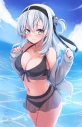 Rule 34 | 1girl, absurdres, bikini, black bikini, breasts, character request, cleavage, dated, grey eyes, highres, kantai collection, large breasts, looking at viewer, mashiro yukiya, silver hair, solo, swimsuit