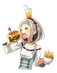 Rule 34 | 1girl, bad id, bad pixiv id, bow, drink, eating, food, food on head, french fries, hair bow, hairband, burger, kyuusugi toku, object on head, original, solo