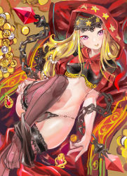 Rule 34 | 1girl, blonde hair, breasts, chain, coin, highres, hood, hoodie, jewelry, medium hair, midriff, navel, odin sphere, pantyhose, puff and slash sleeves, puffy sleeves, purple eyes, red hood, ring, small breasts, solo, striped clothes, striped pantyhose, tim (a9243190a), velvet (odin sphere), vertical-striped clothes, vertical-striped pantyhose