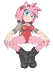 Rule 34 | 1girl, alternate costume, amy rose, animal ears, animal nose, black footwear, blush, body fur, boots, breasts, cameltoe, cleavage, closed mouth, commission, cropped jacket, cross-laced footwear, female focus, full body, fur-trimmed jacket, fur collar, fur trim, furry, furry female, green eyes, green jacket, hairband, hands on own knees, happy, head tilt, highres, jacket, leotard, light blush, looking at viewer, medium breasts, open clothes, open jacket, pink fur, pink hair, r18 (7mii), red hairband, red leotard, shiny clothes, shiny skin, short hair, sidelocks, sideways mouth, simple background, sitting, smile, solo, sonic (series), spread legs, strapless, strapless leotard, tail, two-tone fur, white background, zipper, zipper pull tab