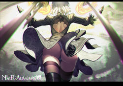 Rule 34 | 1girl, android, ass, back cutout, black dress, black footwear, black gloves, black thighhighs, boots, clothing cutout, copyright name, cowboy shot, dress, from behind, from below, gloves, juliet sleeves, leotard, letterboxed, long sleeves, madyy, nier (series), nier:automata, panties, puffy sleeves, shiny skin, short hair, skindentation, solo, standing, sword, thigh boots, thigh gap, thighhighs, thong, thong leotard, underwear, upskirt, weapon, white hair, white leotard, white panties, 2b (nier:automata)