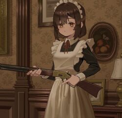 Rule 34 | 1girl, apron, brown hair, drawing (object), dress, food, fruit, gun, holding, holding gun, holding weapon, lamp, lever action, long sleeves, maid, maid apron, maid headdress, nazrinrat, original, picture frame, rifle, short hair, solo, trigger discipline, weapon