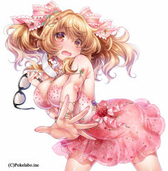 Rule 34 | 1girl, black-framed eyewear, blonde hair, blush, breasts, brown eyes, cleavage, dress, unworn eyewear, flower, glasses, hair ribbon, hizuki akira, holding, holding removed eyewear, large breasts, long hair, looking at viewer, mask, mouth mask, open mouth, original, outstretched hand, pink dress, ribbon, rose, simple background, solo, surgical mask, twintails, white background
